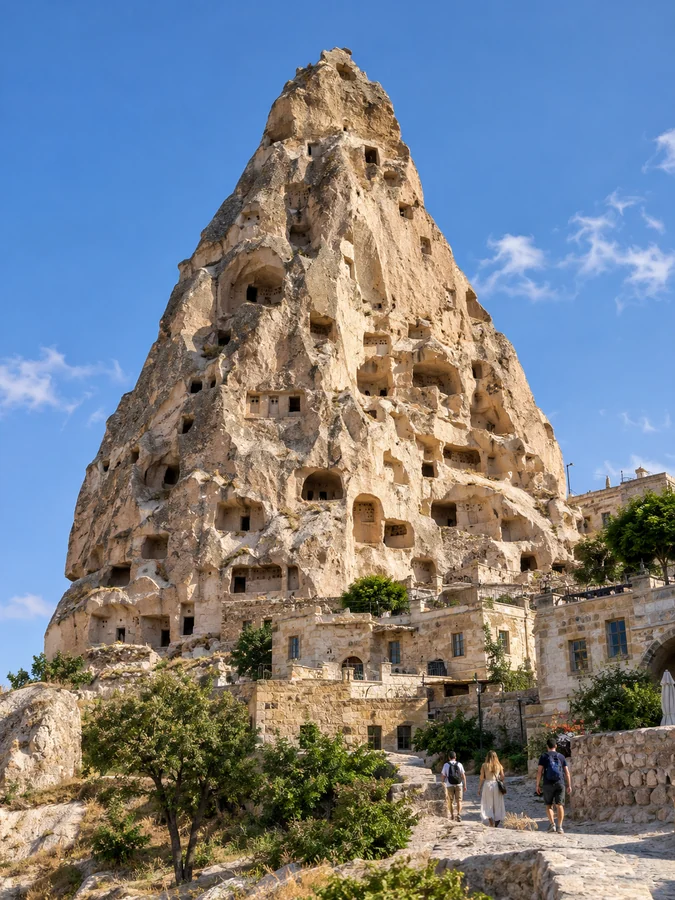 Der behauene Tuffkegel der Burg Uçhisar über den Steinhäusern des Dorfes
