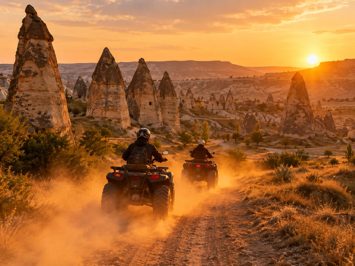 Zwei Quads wirbeln bei Sonnenuntergang auf einem Weg zwischen Feenkaminen Staub auf